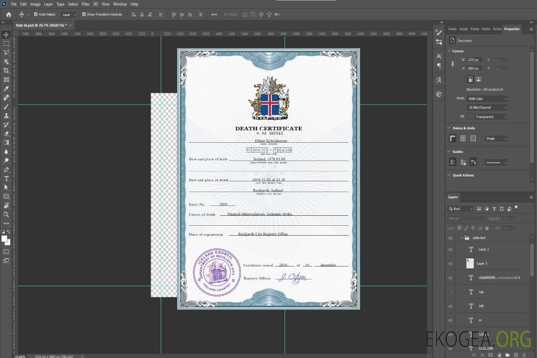 Modèle PSD de certificat de décès d'état civil d'Islande template Modèle PSD de certificat de décès d'état civil d'Islande template